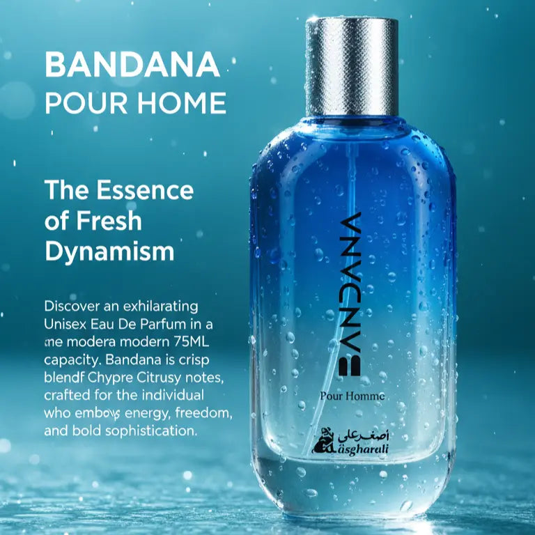 Blue bottle of bandana  perfume with text on a blue background